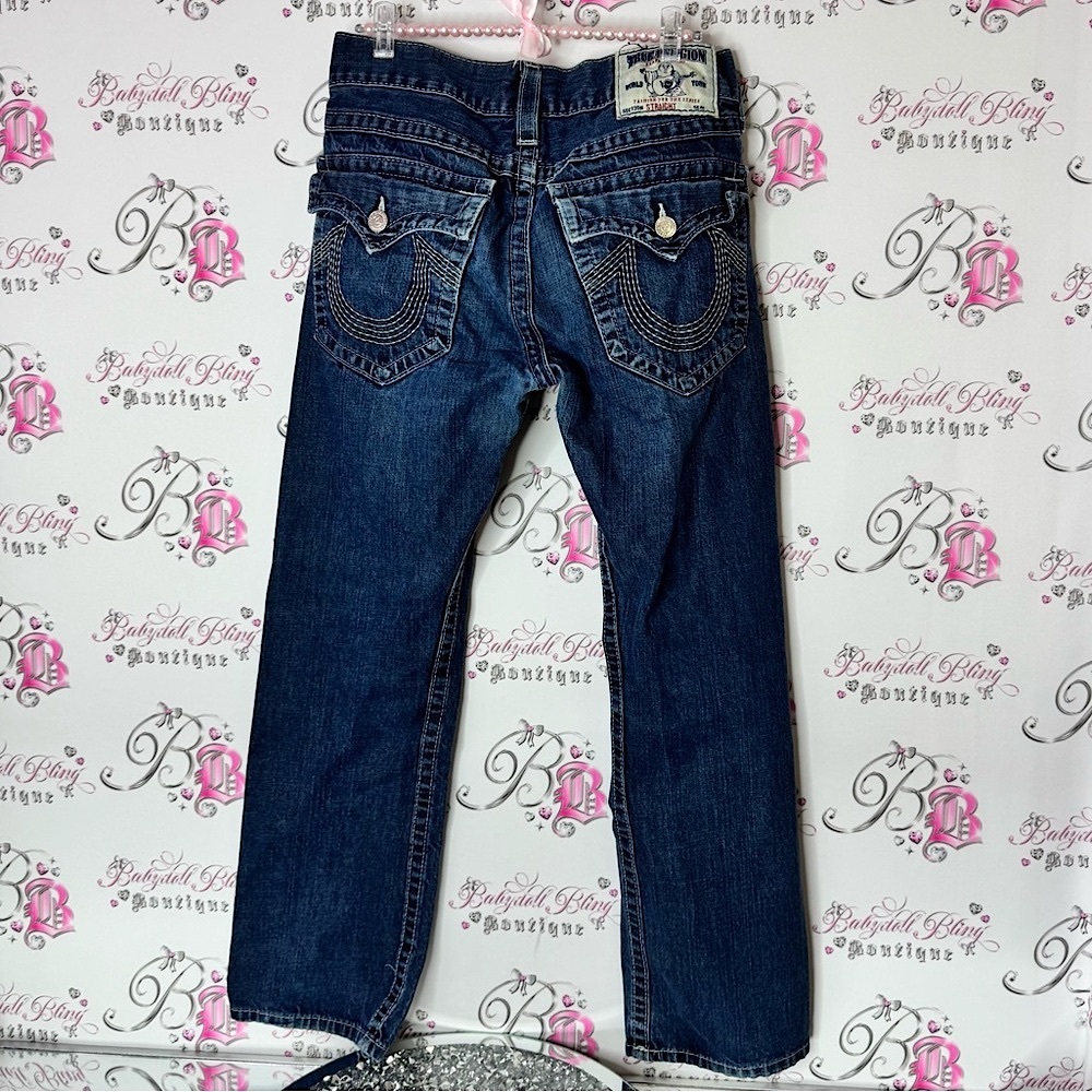 True Religion Blue Straight Jeans Classic Style pockets on back logo rare - Picture 1 of 6